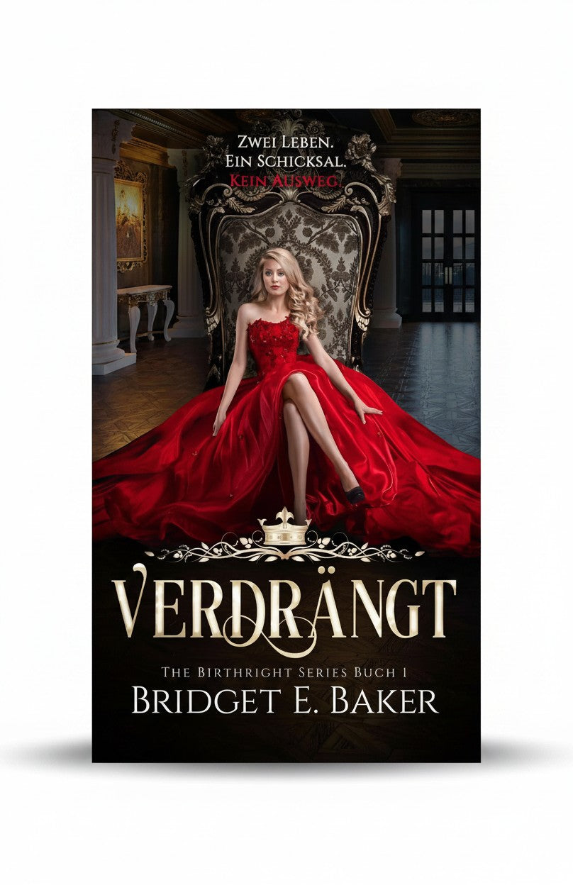 BestBuyBook Verdrängt book cover featuring a blonde woman in a flowing red gown sitting on an ornate throne.