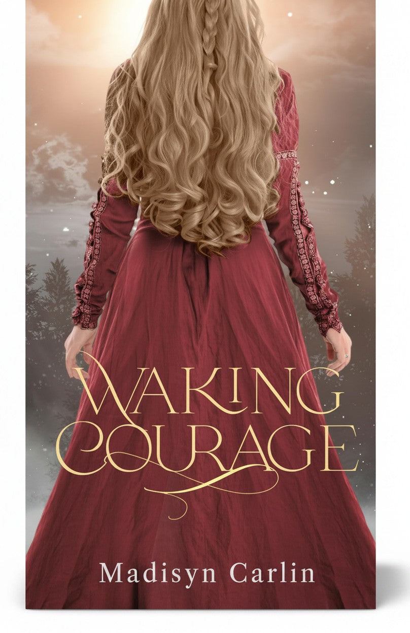BestBuyBook Waking Courage fantasy book cover featuring a woman in a red dress with long blonde hair in a snowy forest.