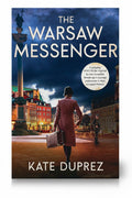 BestBuyBook cover of The Warsaw Messenger by Kate Duprez featuring a woman with a suitcase in Nazi-occupied Warsaw.