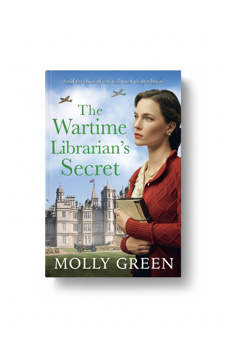 BestBuyBook cover of The Wartime Librarian’s Secret by Molly Green featuring a woman in a red cardigan at a manor.
