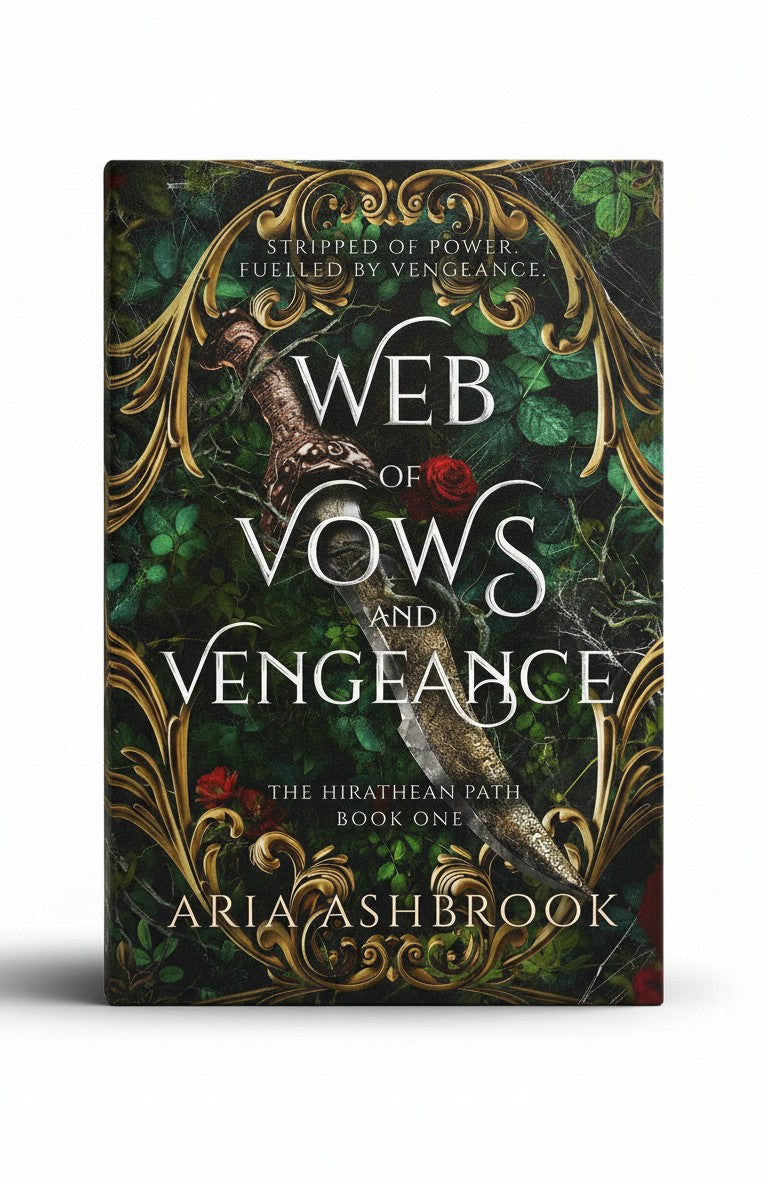 BestBuyBook cover of Web of Vows and Vengeance featuring a dagger, gold filigree, and dark forest foliage.