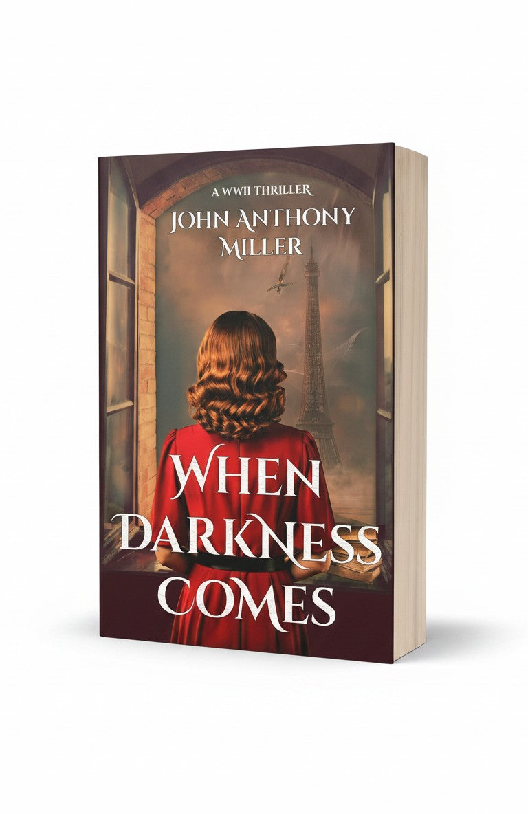 BestBuyBook When Darkness Comes by John Anthony Miller historical fiction novel cover featuring a woman in red