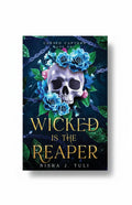 BestBuyBook cover art for Wicked is the Reaper featuring a skull surrounded by blue roses, leaves, and chains.