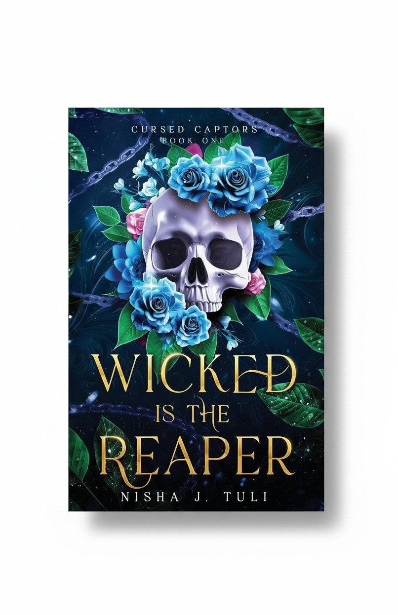 BestBuyBook cover art for Wicked is the Reaper featuring a skull surrounded by blue roses, leaves, and chains.